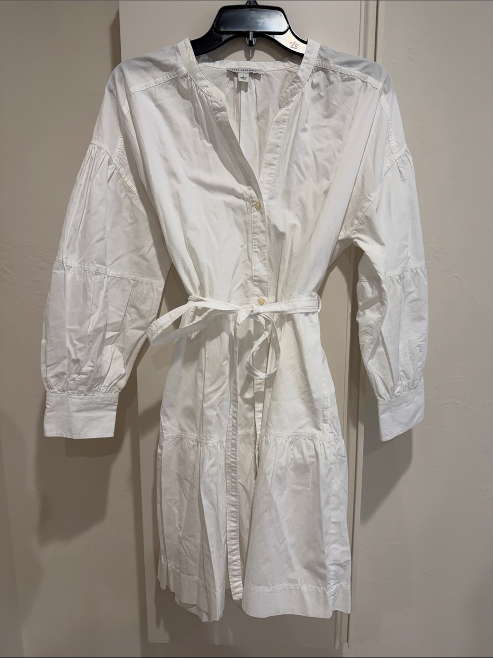 White Women's Mini Shirt Dress with Tie Waist